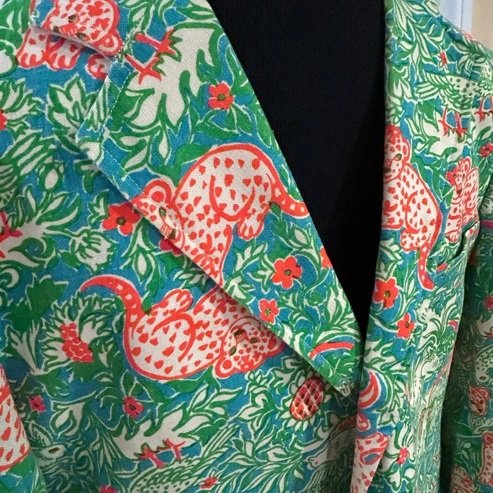 Vintage Lilly Pulitzer Mens Stuff Jungle Print Blazer Jacket Rabbit Tiger Sz 44 - Picture 2 of 15
